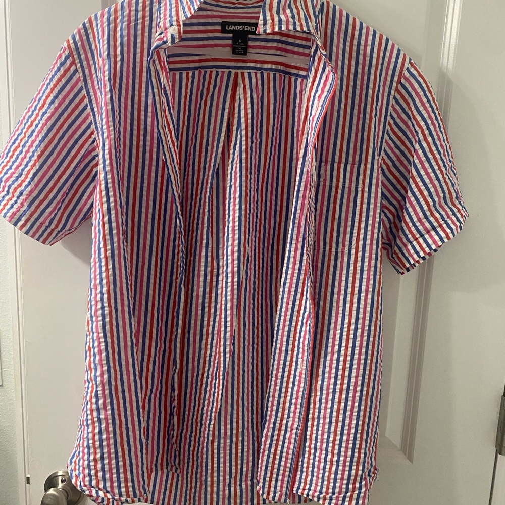Lands' End Men's Striped Seersucker Shirt - Red, Blue, White